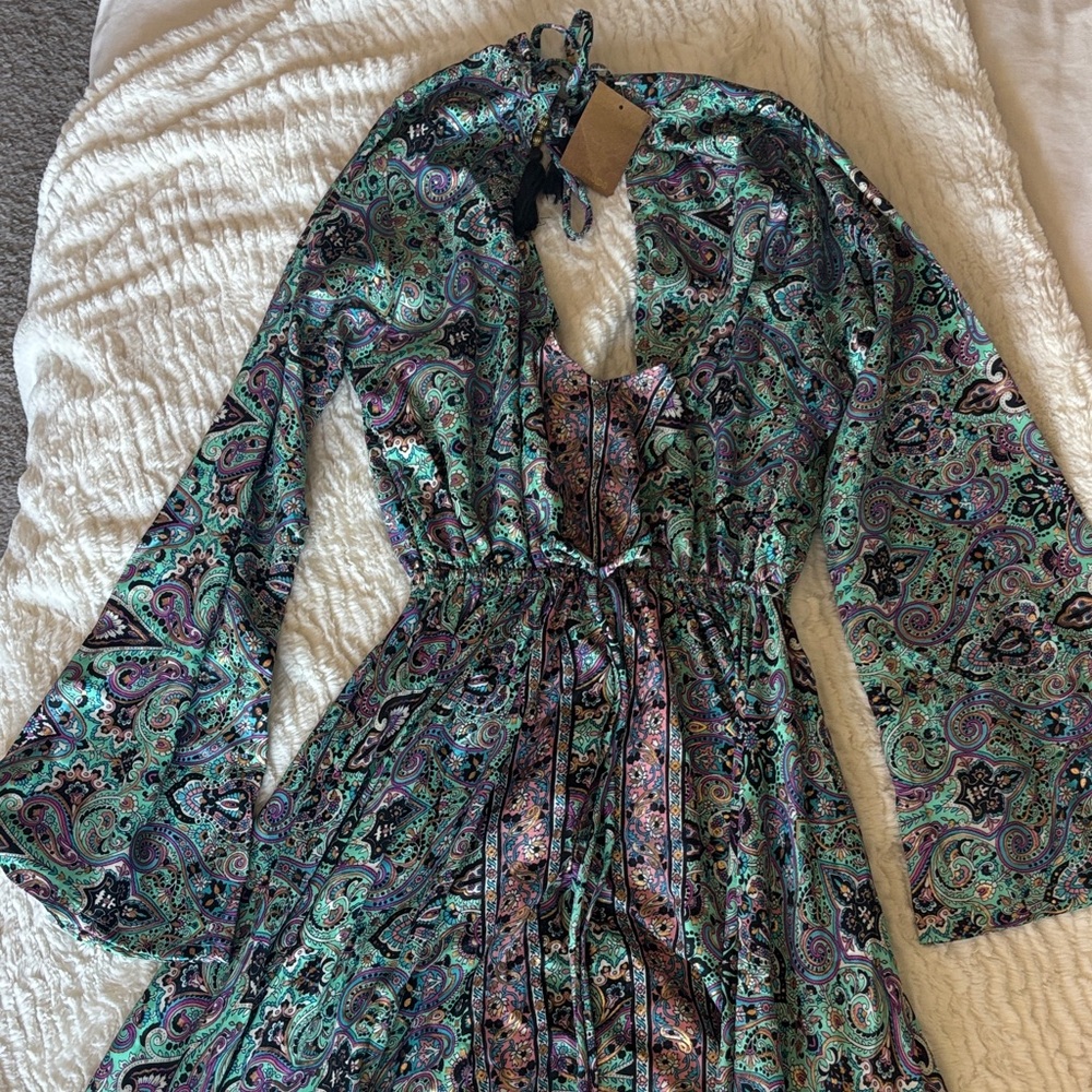 Paisley Print Maxi Dress with Bell Sleeves